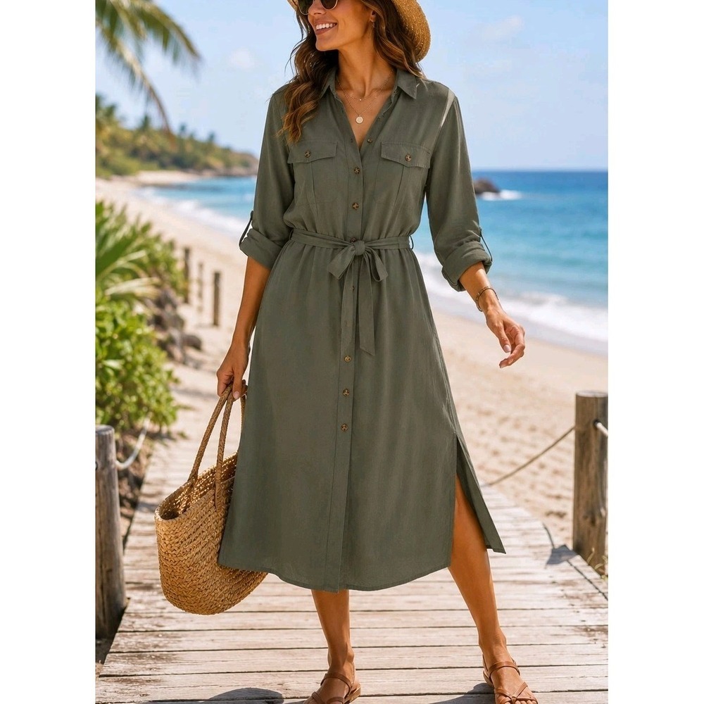 Esmara Shirt Dress Olive Green Button Front Tie Waist Long Sleeve NWT US 10